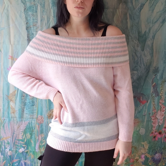 Sold Vintage Sweater Off the Shoulder Pastel Pink Winter Princess - Picture 2 of 6